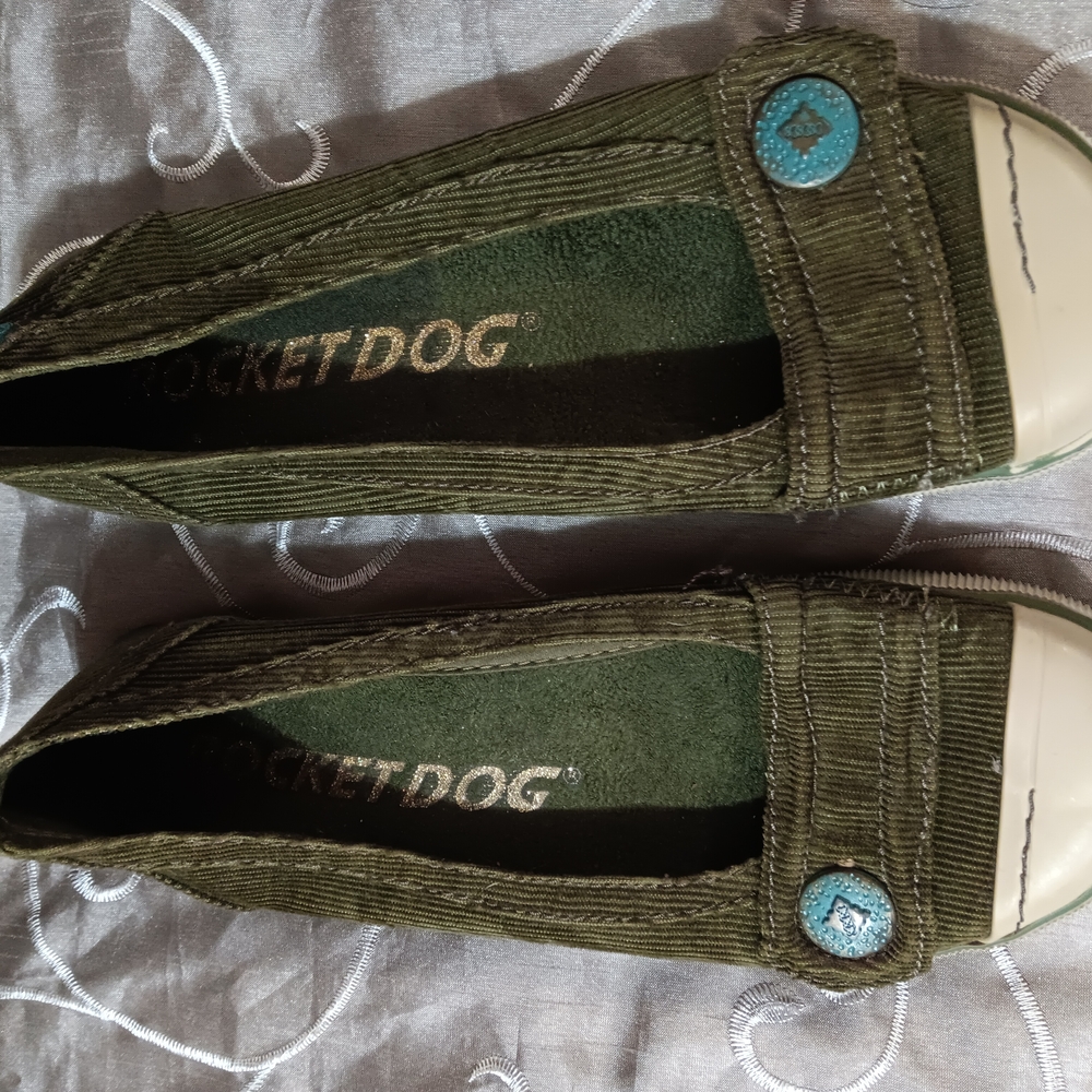 Rocket Dog Olive Corduroy Flats with Teal Button